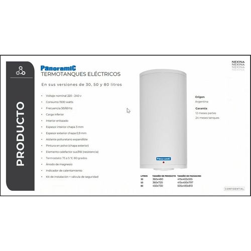 TERMOTANQUE PANORAMIC PN-TEM050BO1N ELECTRICO 50 LT COLGAR