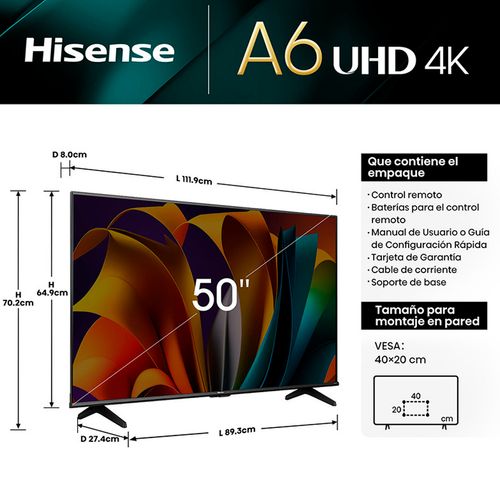 SMART TV HISENSE 50" LED 50A64N UHD 4K